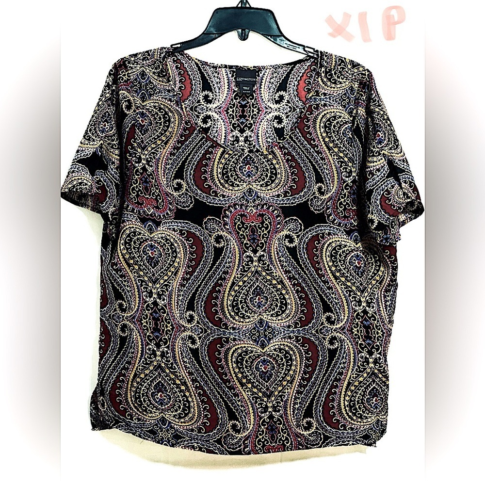 LADIES BLK & RED TOP WITH YELLOW, PINK & MAUVE DESIGNS